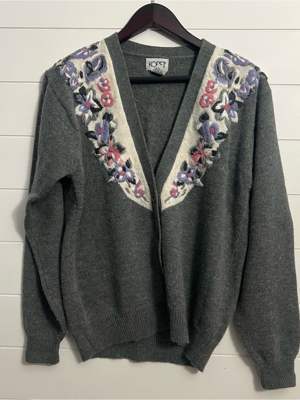 Vintage Koret 80s 90s Lambswool Angora Floral Embroidered Cardigan Sweater M